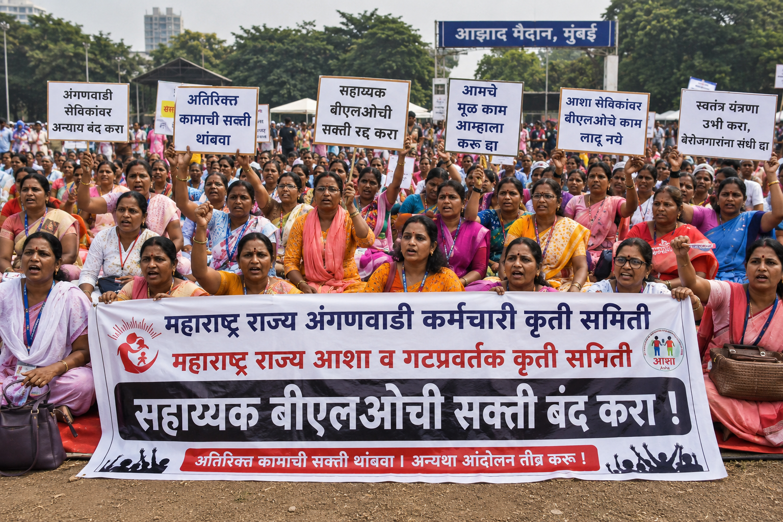 अंगणवाडी व आशा कर्मचाऱ्यांचे आझाद मैदानावर आंदोलन, सहाय्यक…